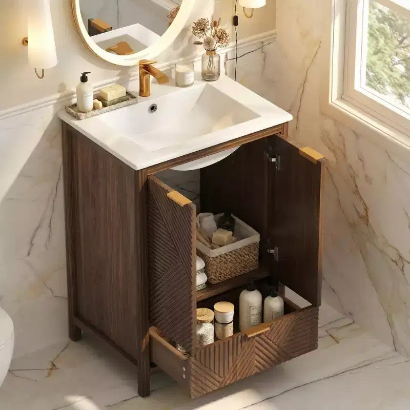 24 Brown Bathroom Vanity with Sink Combo, Textured Doors & Drawer, Pine Legs