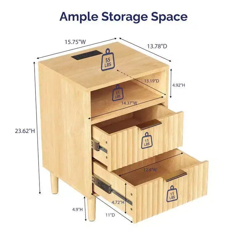 2 Drawer Oak P2 MDF Nightstand Grid Panel 1 Shelf 15.7x13.8x23.6 Inch